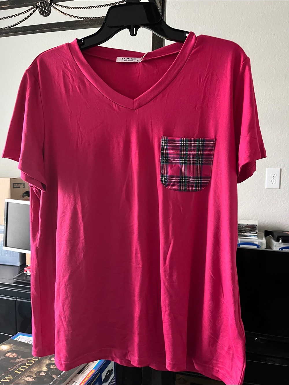 Solid Pink V-Neck Pocket Tee - Casual Women's Top